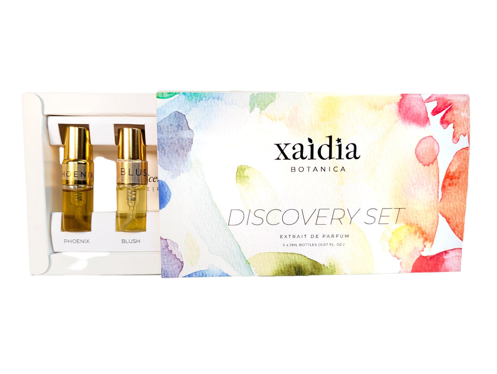 Xaidia Botanica perfume discovery set with floral packaging on a white background